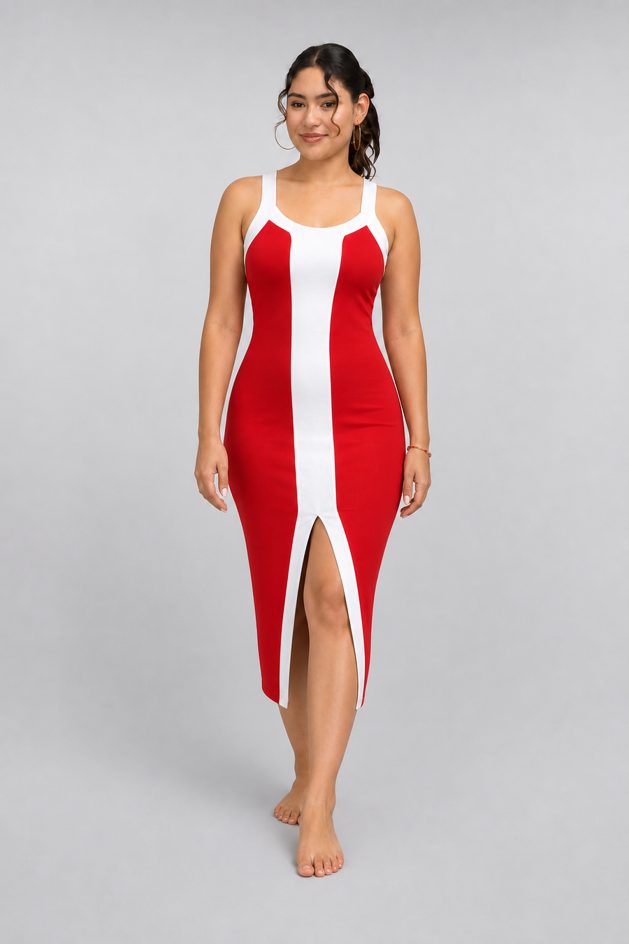 VESTIDO MIDI BODYCON CON FRANJA CENTRAL ESTILIZADORA